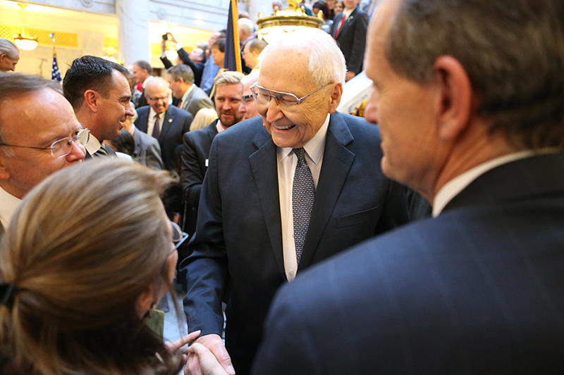 Elder L. Tom Perry of the Quorum of the Twelve Apostles greets legislators and fellow supporters of Utah Bill 296 which balances religious freedoms and LGBT rights. Photo courtesy of the Church of Jesus Christ of Latter-Day Saints
