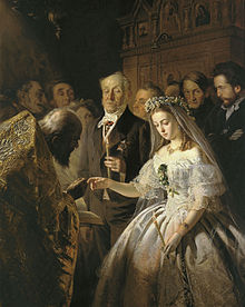 Orthodox betrothal depicted by Vasily Vladimirovich Pukirev, 1862.