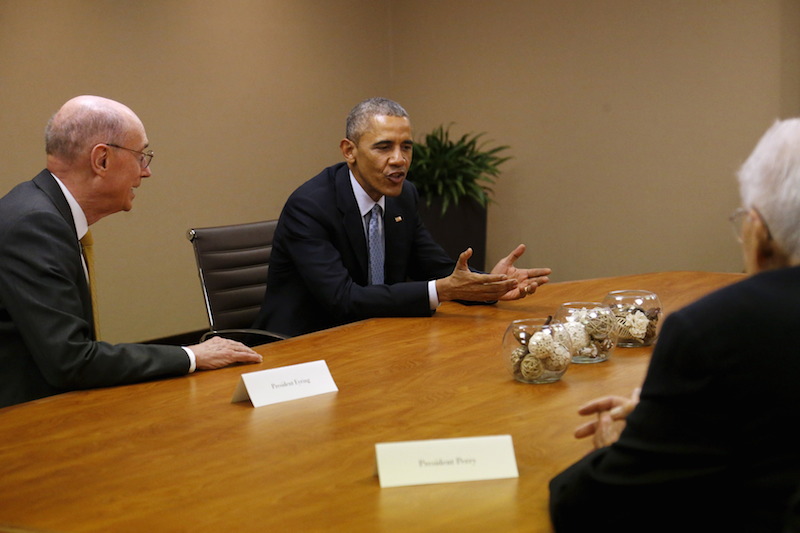 President Obama meets with leaders of the Church of Jesus Christ of Latter-day Saints, including President Henry Eyring (L), at his hotel in Salt Lake City, Utah April 2, 2015. Obama is visiting Utah for the first time as president. Photo by REUTERS/Jonathan Ernst. 
* EDITORS: This photo can only be used with RNS-OBAMA-MORMON, originally transmitted April 3, 2015.