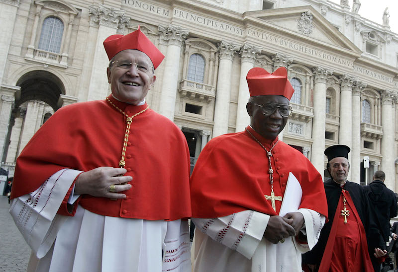 Cardinals Walter Kasper, left, leaves St. Peter's Basilica with Nigerian Cardinal Francis Arinze and Syrian Cardinal Daoud Ignace Maoussa I after viewing the body of the late Pope John Paul II laying in state in 2005. Photo by Tony Gentile/Reuters.