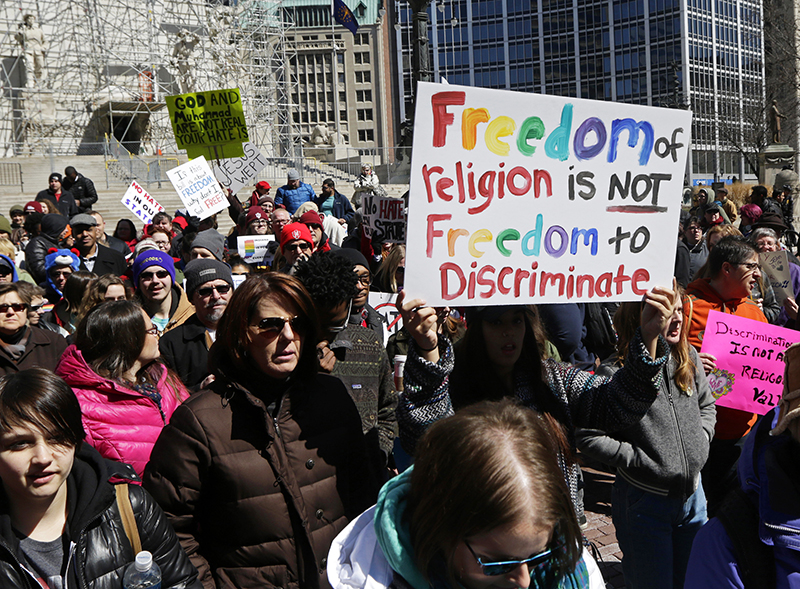 Demonstrators gather at Monument Circle to protest a controversial religious freedom bill recently signed by Gov. Mike Pence during a rally in Indianapolis on March 28, 2015. Photo courtesy of REUTERS, Nathan Chute
*Editors: This photo may only be republished with RNS-MICHAELSON-COLUMN, originally transmitted on April 6, 2015.