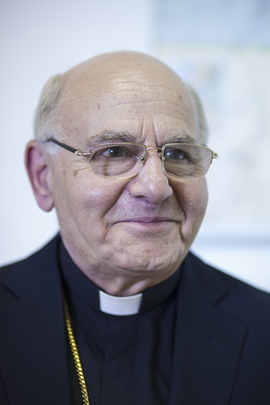 Greek-Catholic Archbishop Jean-Clément Jeanbart of Aleppo, Syria during a visit at ACN International Headquarter on July 15, 2014. Photo by Reinhard Backes, courtesy of Aid to the Church in Need
