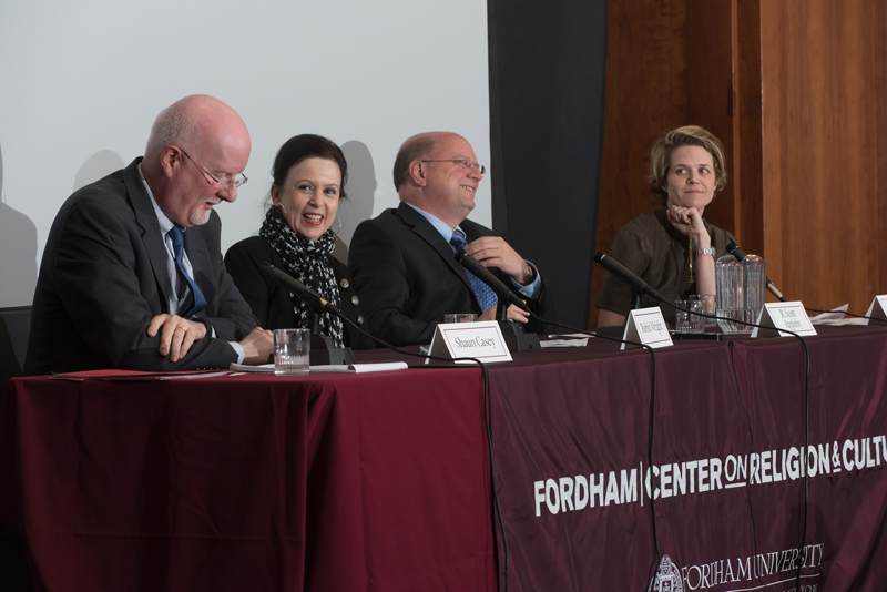 (RNS1-APR17) Shaun Casey of the State Department (left), journalist Robin Wright, Notre Dame's R. Scott Appleby and author Eliza Griswold (right) discuss the promises and perils of combatting religious extremism in a panel at Fordham University in New York. RNS photo courtesy Leo Sorel / Fordham University.