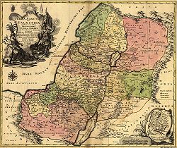 1759 map of the Holy Land, with the 12 tribes of Israel