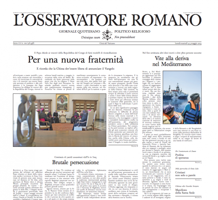 Screenshot of the L'Osservatore Romano. newspaper in Rome.
