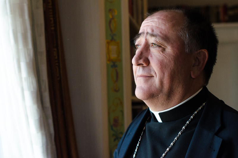 A portrait of DodÎ Gjergji, the Bishop of Kosovo, at his residence inside the Mother Teresa Cathedral, in Pristina, Kosovo on April 27, 2015. Religion News Service photo by Valerie Plesch