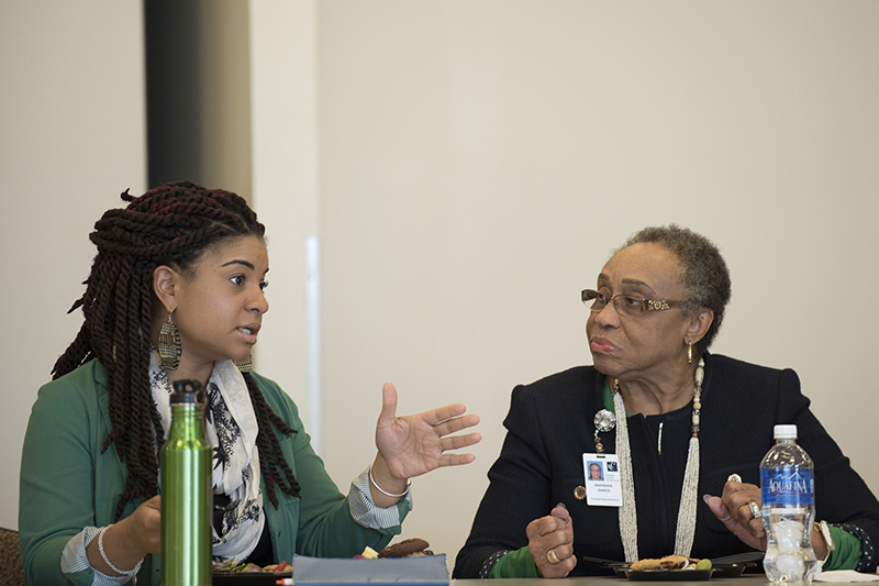 Nia Johnson, left, with the MSU School of Social Work, and Rev. Dr. Barbara Sands, the administrator of the Office of Human Rights of Howard County, discuss during a workshop after a screening of The New Black, a documentary that tells the story of how the African-American community is grappling with the gay rights issue in light of the recent gay marriage movement and the fight over civil rights, at Morgan State University in Baltimore on Wednesday, May 13, 2015. Religion News Service photo by Sait Serkan Gurbuz