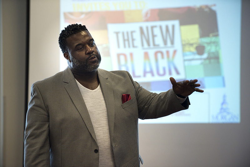 Rev. Dr. Jamie Washington gives a presentation during a workshop after a screening of The New Black, a documentary that tells the story of how the African-American community is grappling with the gay rights issue in light of the recent gay marriage movement and the fight over civil rights, at Morgan State University in Baltimore on Wednesday, May 13, 2015. Religion News Service photo by Sait Serkan Gurbuz