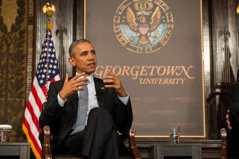 (RNS1-MAY12) President Obama appears at Georgetown University for a panel discussion on overcoming poverty co-sponsored by GeorgetownÕs Initiative on Catholic Social Thought and Public Life and the National Association of Evangelicals. For use with RNS-OBAMA-POVERTY, transmitted May 12, 2015. RNS photo courtesy Georgetown University.