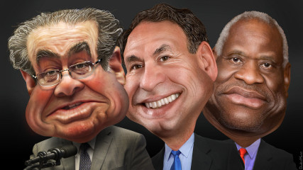 Antonin Gregory Scalia, aka Antonin Scalia, is an Associate Justice of the Supreme Court of the United States. Samuel Anthony Alito, Jr., aka Sam Alito, is an Associate Justice of the Supreme Court of the United States. Clarence Thomas is an Associate Justice of the Supreme Court of the United States. Caricature by DonkeyHotey via Flickr creative commons. https://www.flickr.com/photos/donkeyhotey/19156454411/