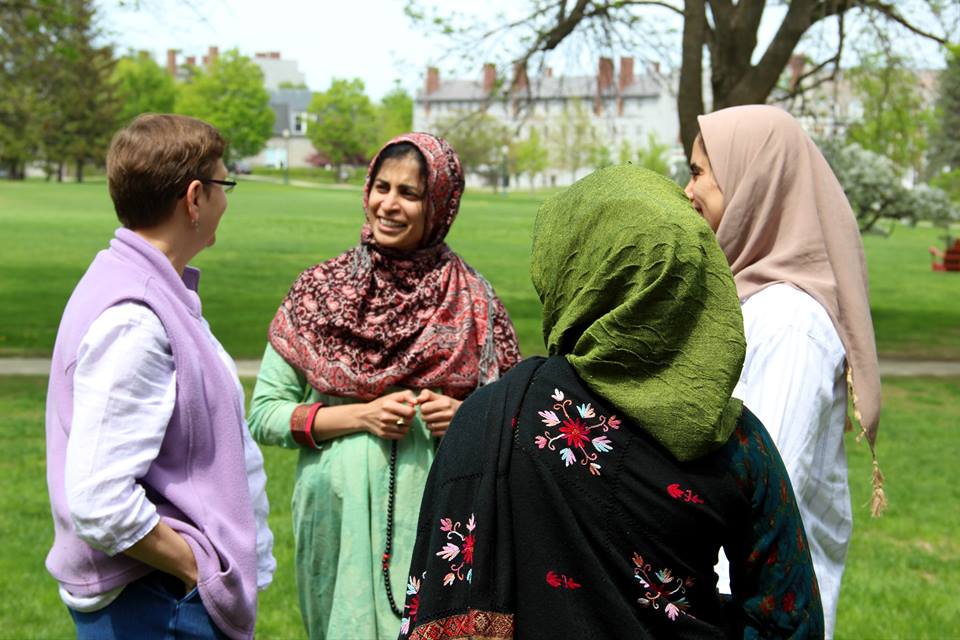 Far left, Chaplain of the College Laurie Jordan, with Muslim Chaplain Nail Baloch, center left,  and others at Middlebury College. Photo by Mariam Khan, incoming Senior, President of the Middlebury MSA