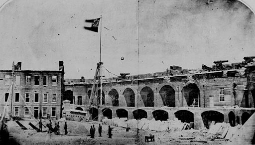 Fort Sumter in the Charleston Harbor in Charleston, South Carolina on April 14, 1861, under the first Confederate national flag (the 'Stars and Bars').