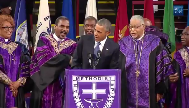President Obama sings 'Amazing Grace' at the funeral of Rev. Clementa Pinckney in Charleston on June 26, 2015. Video: White House