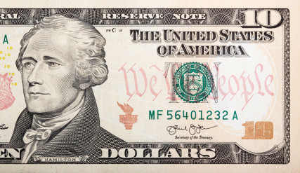 Alexander Hamilton on the ten dollar bill.  Credit: YamabikaY, via Shutterstock