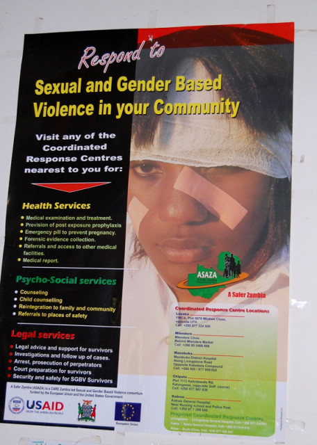 A public poster brings attention to gender based violence in Zambia. Religion News Service photo by Dale Hanson Burke