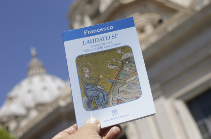Pope Francis' new encyclical titled "Laudato Si (Be Praised), On the Care of Our Common Home", is displayed during the presentation news conference at the Vatican on June 18, 2015. Photo courtesy of REUTERS/Max Rossi *Editors: This photo may only be republished with RNS-ENCYCLICAL-FUTURE, originally transmitted on June 18, 2015, and with RNS-POPE-ARRIVE, originally transmitted on Sept. 22, 2015.