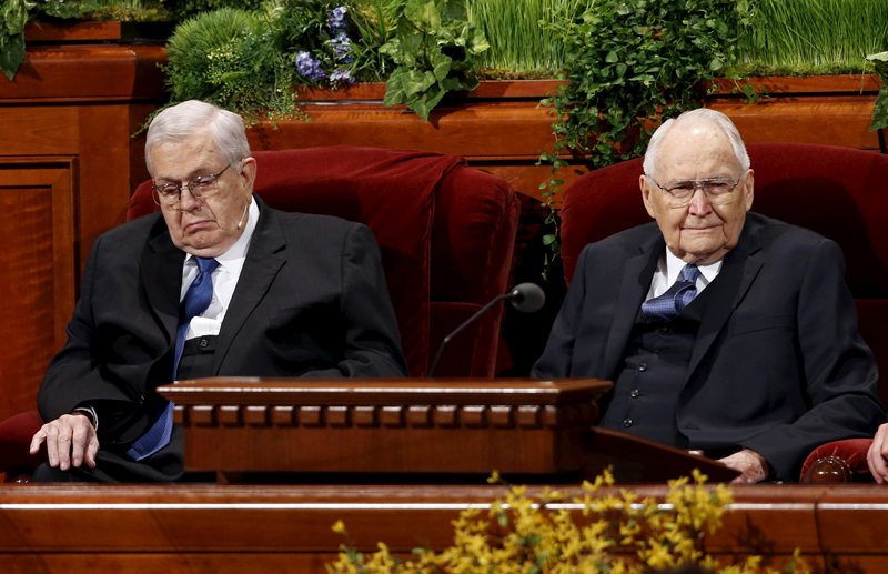 President Boyd Packer, left and Elder L. Tom Perry, right, of the Quorum of the Twelve Apostles of The Church of Jesus Christ of Latter-day Saints wait for the start of the first session of the 185th Annual General Conference of the Church in Salt Lake City, Utah on April 4, 2015. Photo courtesy of REUTERS/George Frey
*Editors: This photo may only be republished with RNS-MORMON-APOSTLE, originally transmitted on June 1, 2015.