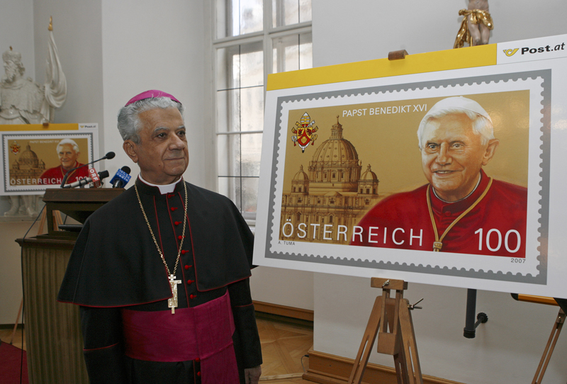 Nuncio Edmond Farhat looks at a new special edition Austrian stamp released in Vienna on April 12, 2007, for the occasion of the 80th birthday of Pope Benedict XVI.  Photo courtesy of REUTERS/Heinz-Peter Bader *Editors: This photo may only be republished with RNS-VATICAN-ARABIC, originally transmitted on June 9, 2015.