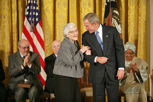 President George W. Bush awards the Presidential Medal of Freedom to author Harper Lee during a ceremony on Nov. 5, 2007, in the East Room.