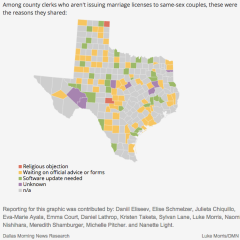 Screenshot of interactive map of Texas counties not issuing same-sex marriage licenses. Dallas Morning News Research. http://www.dallasnews.com/news/state/headlines/20150629-interactive-map-how-texas-counties-are-handling-same-sex-marriage-licenses.ece