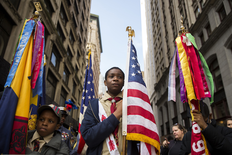 Members of the Boy Scouts wait to march in the Veterans Day parade on 5th Avenue in New York November 11, 2014.  Photo courtesy REUTERS/Lucas Jackson