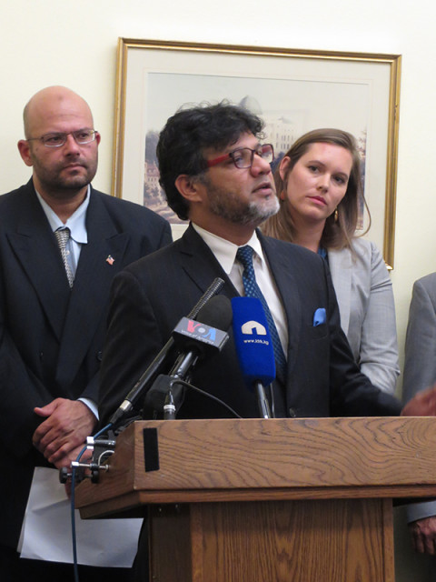 President of the Islamic Society of North America Azhar Azeez speaks at a joint evangelical Christian and Muslim event on Thursday (July 23, 2015) on Capitol Hill. Religion News Service photo by Sara Weissman