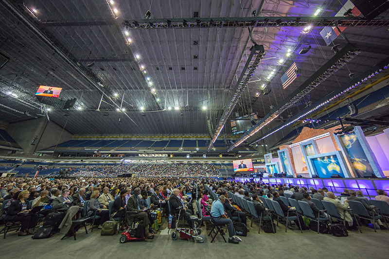 Delegates, their families, special guests and visitors to the 60th General Conference Session begin filling the seats for the much-anticipated discussion on women's ordination taking place during the morning business session on July 8, 2015. Photo courtesy of James Bokovoy/NAD