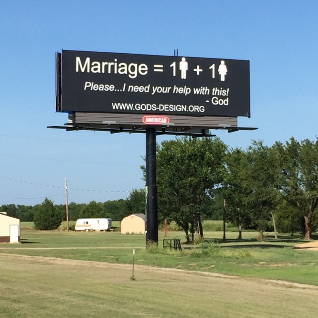 Richard and Betty Odgaard plan to erect 1,000 billboards advertising their belief in upholding “traditional” marriage between one man and one woman. Photo by American Billboards Corp., Durant, OK on July 24, 2015, courtesy of Richard and Betty Odgaard