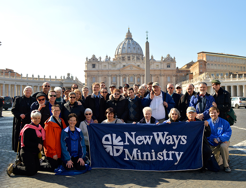 The Catholic gay rights group New Ways Ministry criticized the decision by the Philadelphia Archdiocese to cancel the organization’s workshop on gender identity, which was due to take place during Pope Francis’ visit to the World Meeting of Families. Photograph taken on February 18, 2015 when New Ways Ministry's pilgrimage was given VIP seats to a papal audience in St. Peter's square. Photo courtesy of New Ways Ministry