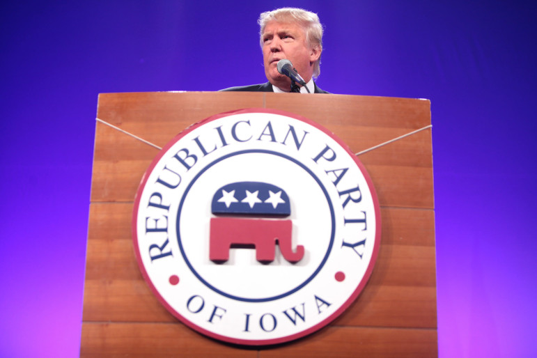 Donald Trump speaking at the Iowa Republican Party's 2015 Lincoln Dinner at the Iowa Events Center in Des Moines, Iowa. Photo by Gage Skidmore via Flickr creative commons. https://www.flickr.com/photos/gageskidmore/17211912343/