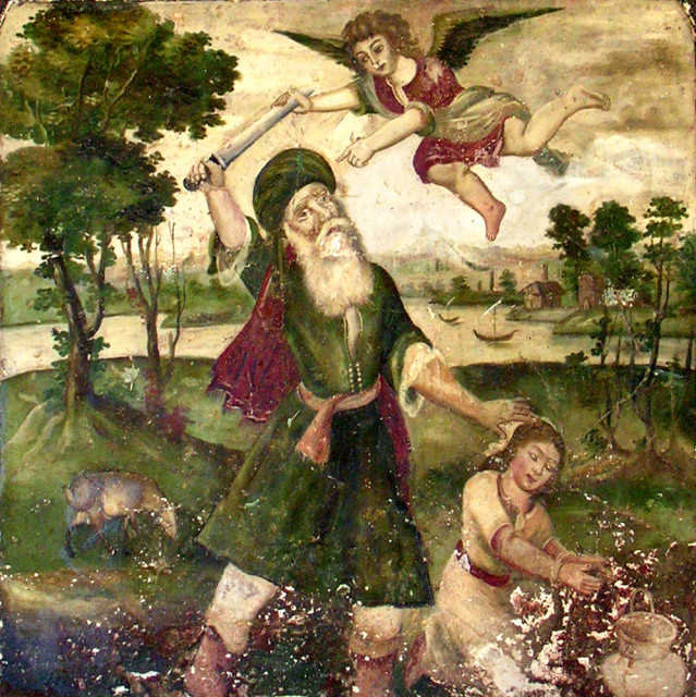 A fresco painting on a Haft Tanan mausoleum wall in Shiraz, Iran, has this image of Abraham preparing to sacrifice his son Ishmael.