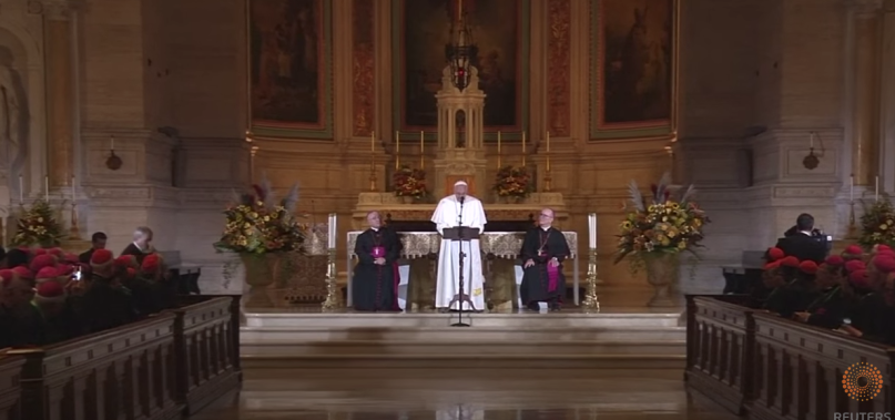 Pope Francis speaks to bishops about clergy sex abuse at St. Charles Borromeo Seminary in Philadelphia Sunday.