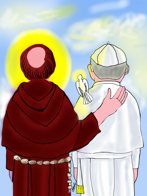 A drawing of St. Francis with Pope Francis from the book “Dear Young People…” by Michael O’Neill McGrath.  Photo courtesy of Michael O’Neill McGrath