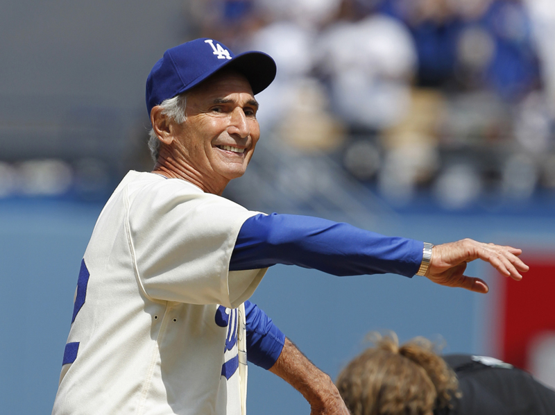 Former Dodger Sandy Koufax pitches the first pitch during pre-game ceremonies before the Dodgers play against the San Francisco Giants in their MLB National League baseball game in Los Angeles, California on April 1, 2013. Photo courtesy of REUTERS/Alex Gallardo
*Editors: This photo may only be republished with RNS-SALKIN-COLUMN, originally transmitted on September 22, 2015.
