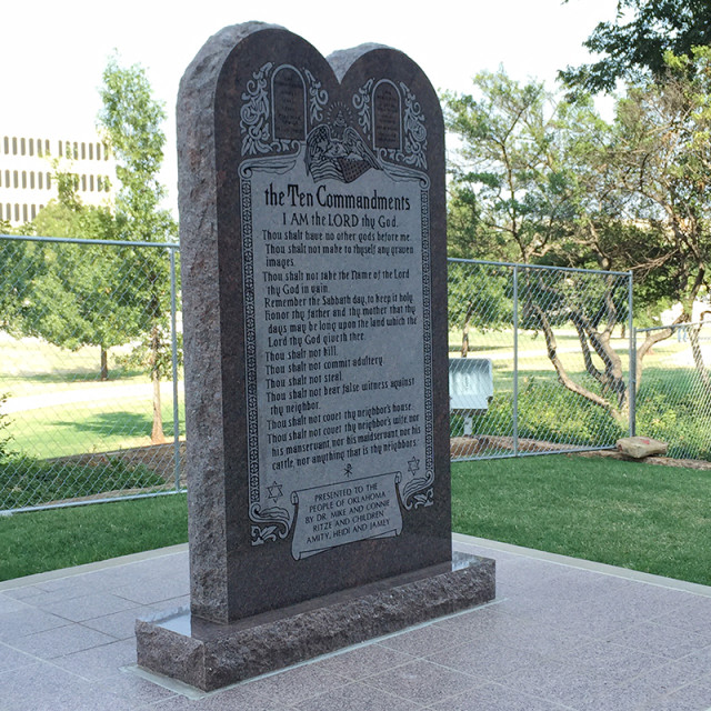 An Oklahoma commission voted Sept. 29, 2015 to remove a privately funded granite monument of the Ten Commandments from the state Capitol grounds, after a judge ordered its removal by Oct. 12. Religion News Service photo by Greg Horton