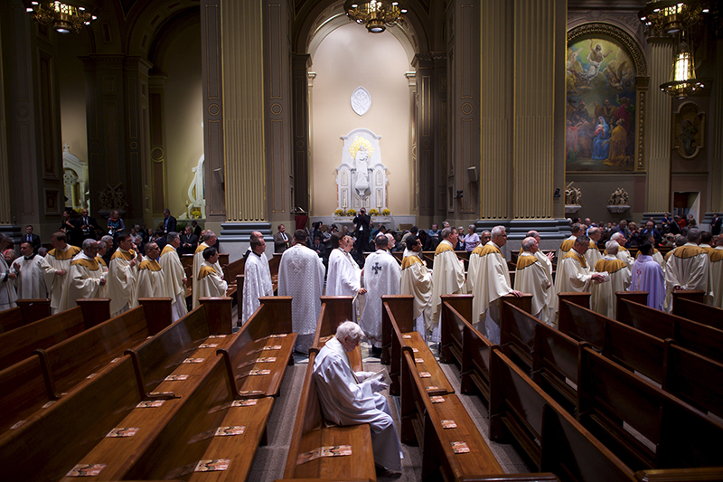 Clergy process into the Cathedral Basilica of Saints Peter and Paul, ahead of the papal mass this morning in Philadelphia, on September 26, 2015. Photo courtesy of REUTERS/Mark Makela *Editors: This photo may only be republished with RNS-PHILLY-ABUSE, originally transmitted on Sept. 26, 2015.