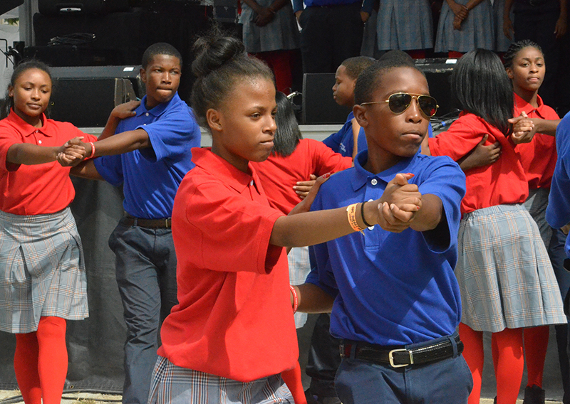Eighth grade students from Gesu School in north Philadelphia perform the tango and swing on Logan Square Stage during Festival of Families on the Ben Franklin Parkway in Philadelphia on September 26, 2015. Religion News Service photo by Madi Alexander