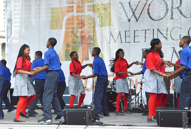 Eighth grade students from Gesu School in north Philadelphia perform the tango and swing on Logan Square Stage during Festival of Families on the Ben Franklin Parkway in Philadelphia on September 26, 2015. Religion News Service photo by Madi Alexander