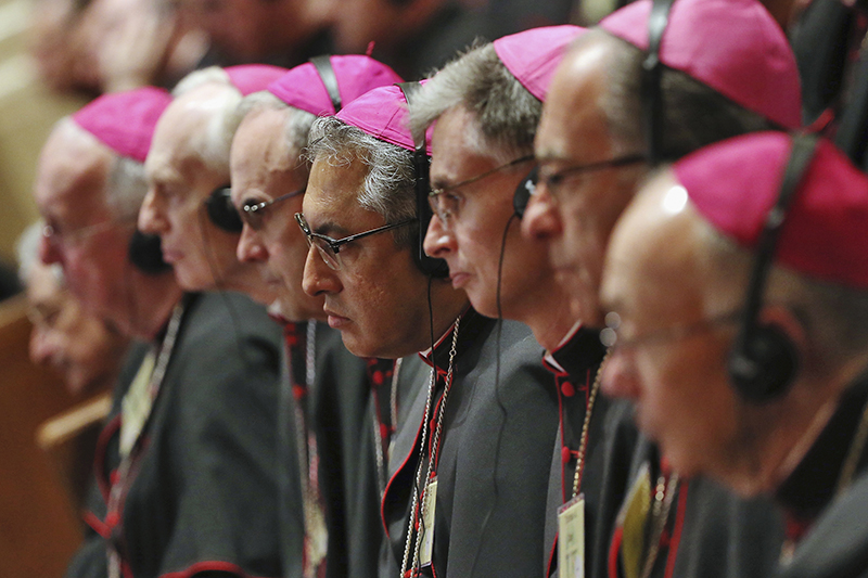 Bishops listen to Pope Francis speak during the midday prayer service at the Cathedral of St. Matthews in Washington on September 23, 2015. Photo courtesy of REUTERS/Mark Wilson/Pool *Editors: This photo may only be republished with RNS-POPE-BISHOPS, originally transmitted on Sept. 23, 2015.