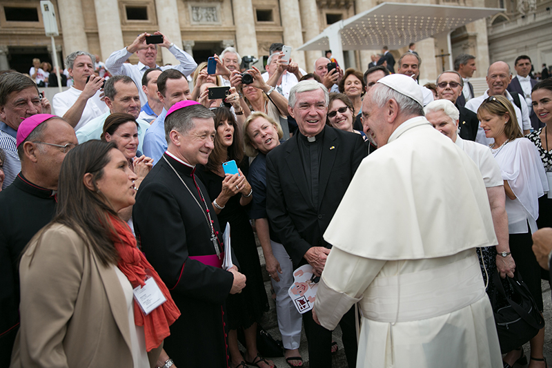 Chicago Archbishop Blaise Cupich, shown with Pope Francis in Rome on Sept. 2, 2015, has called for tough gun control laws. Photo by Rich Kalonick