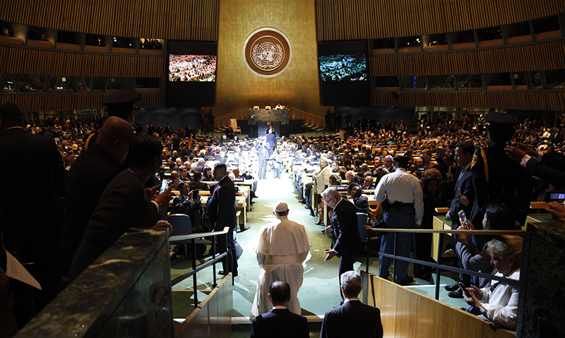 Pope Francis arrives for a plenary meeting of the United Nations Sustainable Development Summit 2015 at United Nations headquarters in Manhattan, New York, on September 25, 2015. More than 150 world leaders are expected to attend the U.N. Sustainable Development Summit from September 25-27 at the United Nations in New York to formally adopt an ambitious new sustainable development agenda a press statement by the U.N. stated. Photo courtesy of REUTERS/Mike Segar *Editors: This photo may only be republished with RNS-POPE-UN, originally transmitted on Sept. 25, 2015.