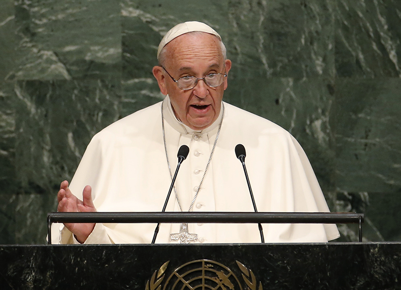 Pope Francis addresses a plenary meeting of the United Nations Sustainable Development Summit 2015 at United Nations headquarters in Manhattan, New York, on September 25, 2015. Photo courtesy of REUTERS/Mike Segar *Editors: This photo may only be republished with RNS-POPE-UN, originally transmitted on Sept. 25, 2015.