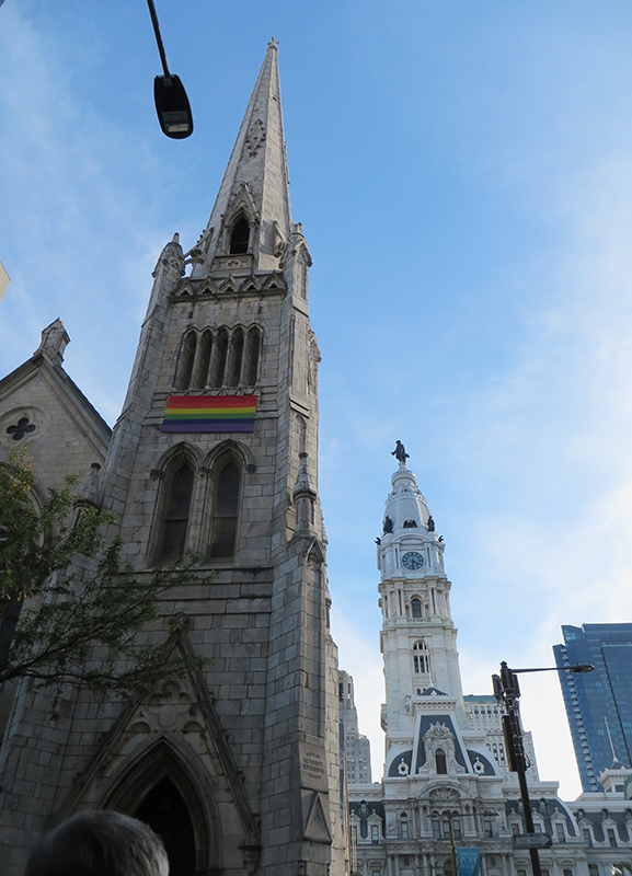 Arch Street United Methodist Church, across from the Philadelphia Conference Center, where the World Meeting Of Families is held, has a rainbow flag and hosted a pro LGBT gathering. Religion News Service photo by Debra Mason