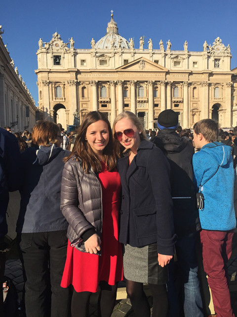 Melissa Connolly, left, and Tatum Murray, right, stand in St. Peter's Square. Photo courtesy of Melissa Connolly and Tatum Murray