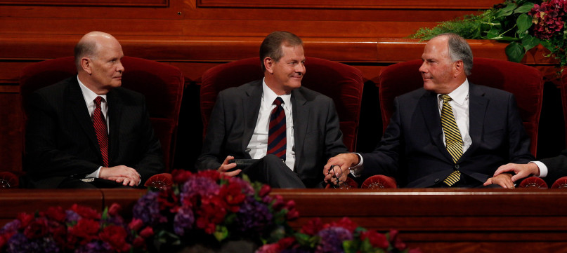 Elder Dale G. Renlund, left, and Elder Gary E. Stevenson, center, and Elder Ronald A. Rasband were named as the three newest apostles to the Quorum of the Twelve Apostles during the afternoon session of General Conference, on October 3, 2015. Photo courtesy of Mormon Newsroom
