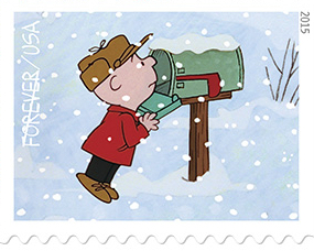  U.S. Postal Service released A Charlie Brown Christmas stamps in celebration of the upcoming 50th anniversary of the classic TV special. The cartoon, based on characters from Charles Schulz’s Peanuts comic strip, aired Dec. 9, 1965, and has become a holiday tradition. Image courtesy U.S. Postal Service.