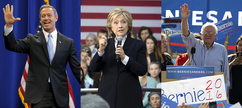 Left to right, Democratic presidential candidates Martin O'Malley, Hilary Clinton and Bernie Sanders. Photos courtesy of REUTERS
