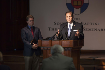 Albert Mohler, president of the Southern Baptist Theological Seminary, speaks with the press on Oct. 5, 2015. Photo by Emil Handke, courtesy of Southern Baptist Theological Seminary