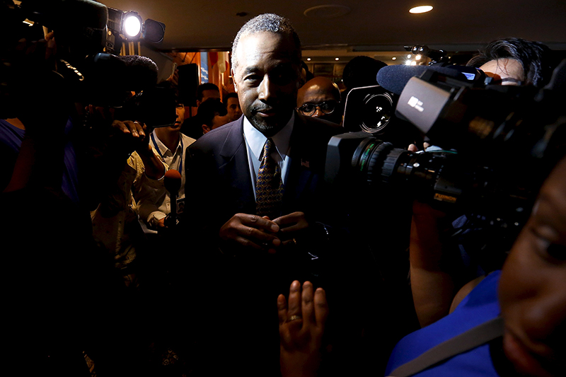 U.S. Republican candidate Dr. Ben Carson talks to reporters after speaking at the National Press Club in Washington, on October 9, 2015. Photo courtesy of REUTERS/Jonathan Ernst
*Editors: This photo may only be republished with RNS-GROSSMAN-COMMENTARY, originally transmitted on Oct. 12, 2015.