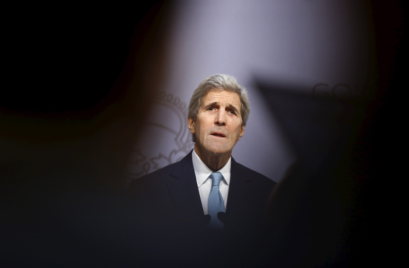 U.S. Secretary of State John Kerry listens to a question during a joint news conference with Spanish Foreign Minister Jose Manuel Garcia-Margallo (unseen) at the Foreign Ministry in Madrid, Spain, on October 19, 2015. Photo courtesy of REUTERS/Andrea Comas